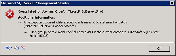 Create failed for user SQL Server error.