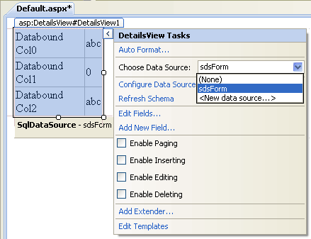 Associate SqlDataSource control with DetailsView control.