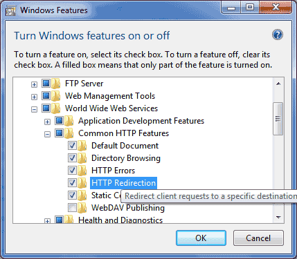 Enable HTTP redirect on Windows 7