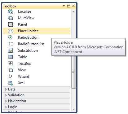 PlaceHolder control on Visual Studio toolbox.