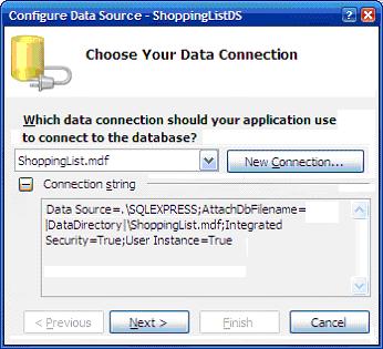 Set the data source to the new database created and save the connection string to the web.config file.